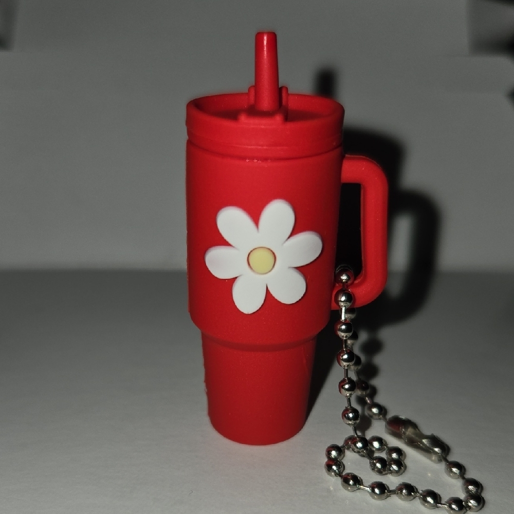 Red Cup Keychain with Flower Design